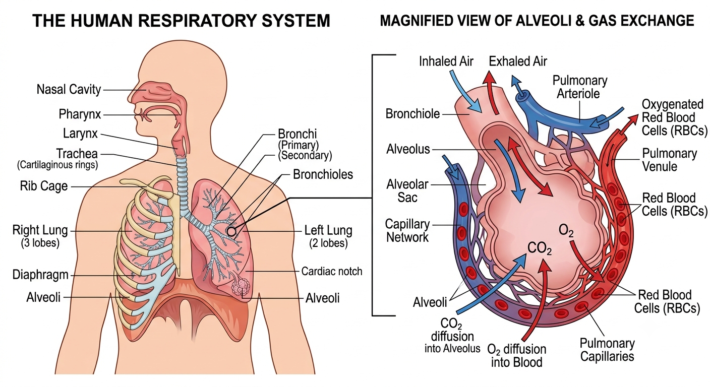 Diagram of an alveolus showing it as a thin-walled, balloon-like air sac surrounded by a network of blood capillaries, with oxygen diffusing into the blood and carbon dioxide diffusing out of the blood into the alveolar air.