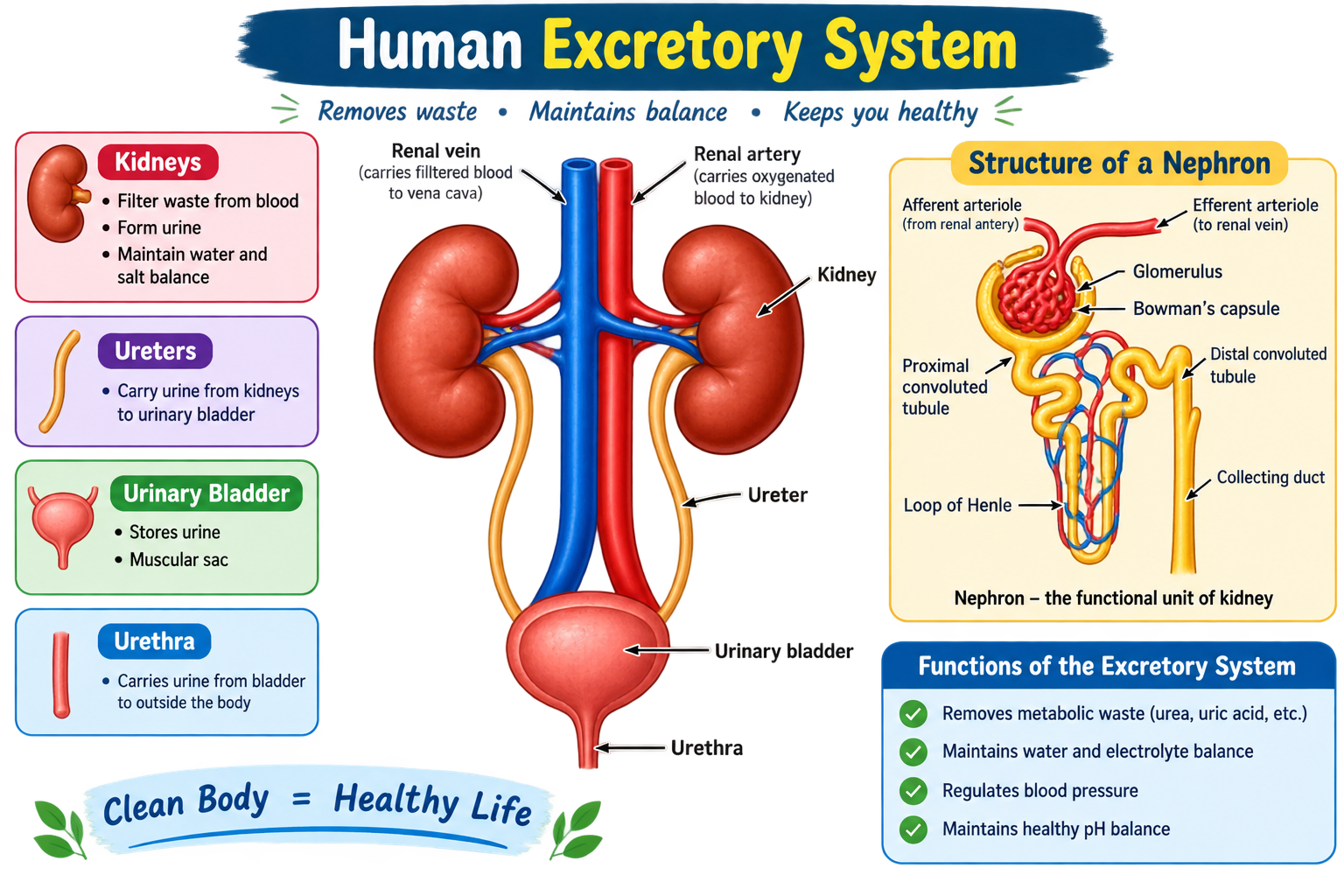 Diagram of the human excretory system showing the two kidneys connected by ureters to the urinary bladder, which opens out through the urethra, with a renal artery and renal vein shown on each kidney.