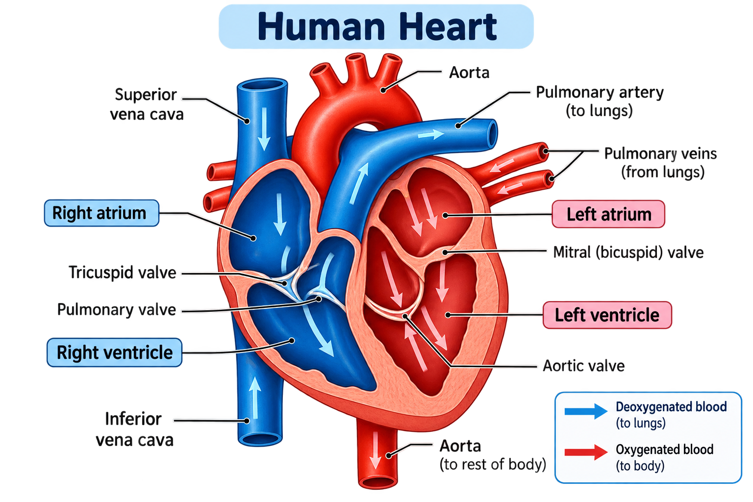Diagram of the human heart and double circulation showing the four chambers: right atrium receiving deoxygenated blood from the vena cava, right ventricle sending it to the lungs through the pulmonary artery, left atrium receiving oxygenated blood from the pulmonary vein, and left ventricle pumping oxygenated blood to the body through the aorta.