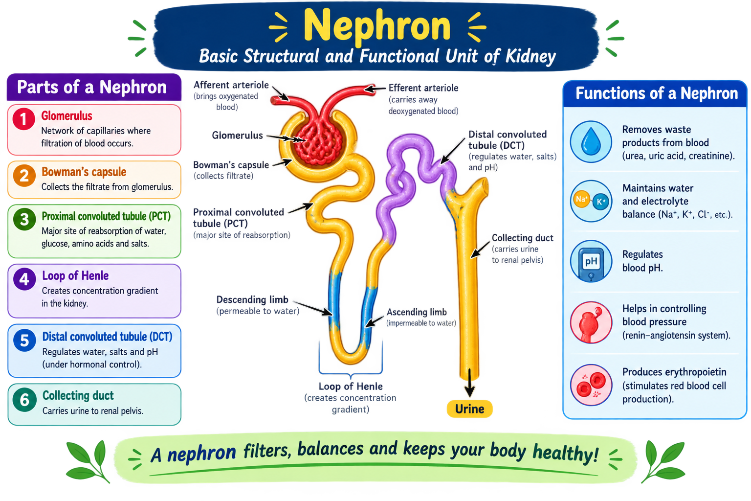 Structure of a nephron showing the Bowman's capsule containing the glomerulus, the long renal tubule surrounded by a network of blood capillaries, and the collecting duct, with the path blood is filtered and urine is formed.