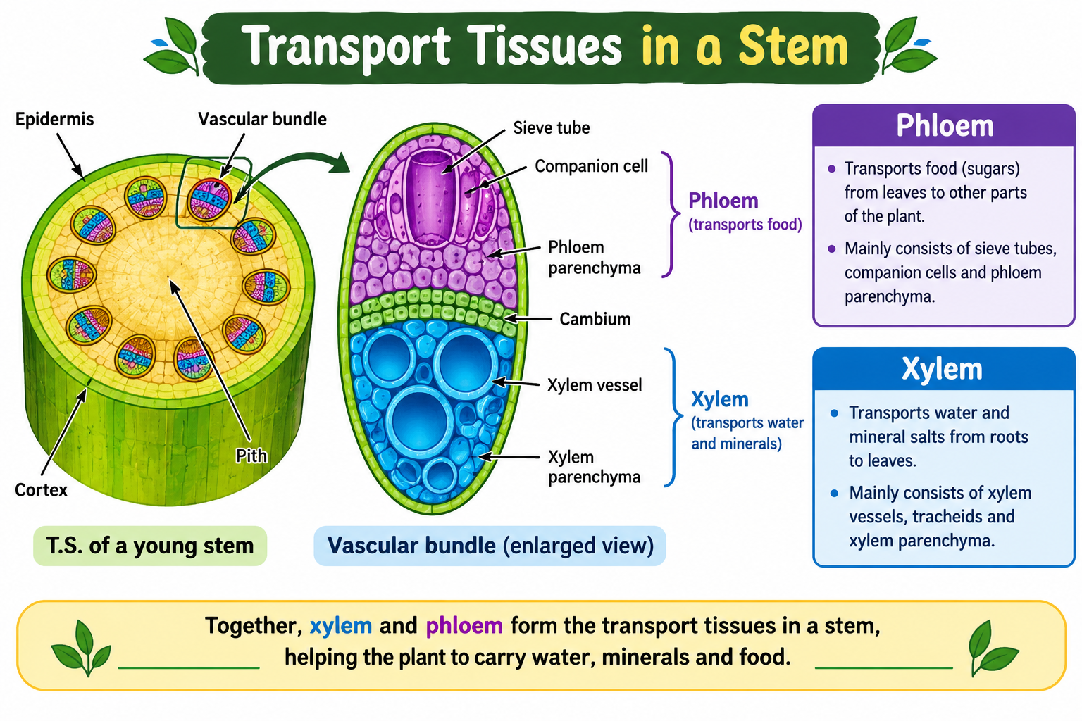 Diagram of transportation in plants showing a cross section of the stem with xylem tubes carrying water and dissolved minerals upwards from the roots, and phloem tubes carrying prepared food from the leaves to all parts of the plant.